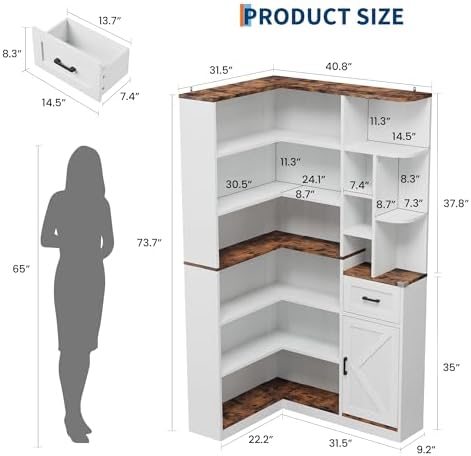 Garvee 74'' Tall Corner Bookshelf - 6-Tier Book Shelf with Drawer and...