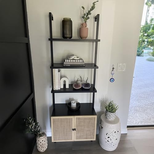 Nathan James Theo Modern Bookcase with Rattan Cabinet in Matte Black and Ligh...
