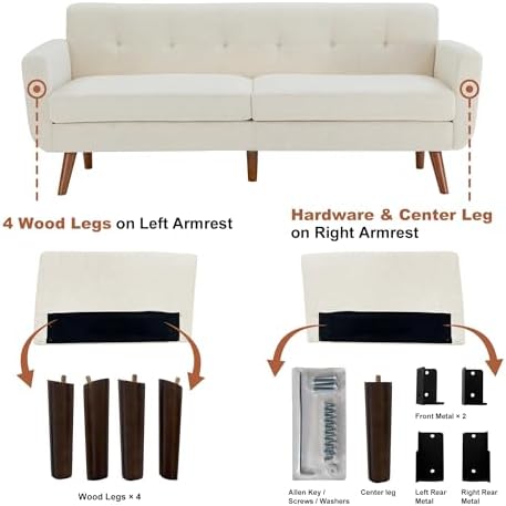Tbfit 77.2" W Linen Sofa Couch, Mid Century Modern Decor Loveseat Couche...