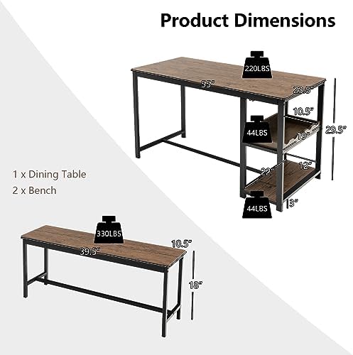 GIANTEX Dining Table Set for 4, 3-Piece 55" L Kitchen Table Set w/ 2 Ben...