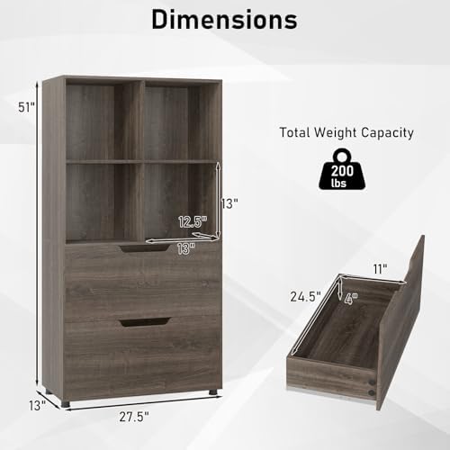 GIANTEX Bookshelf with 4 Cubes & 2 Drawers, 51” Tall Floor Bookcase with ...