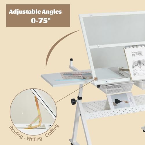 Height Adjustable Drafting Table Desk w/Stool, Tempered Glass Top