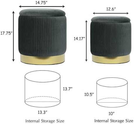 Round Ottoman with Storage Set of 2 Upholstered Velvet Vanity Stool Small Ott...