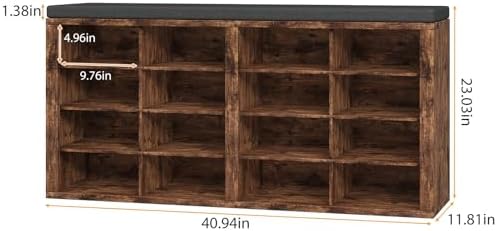 Shoe Rack Bench, Shoe Storage Bench with Cushion, Shoe Organizer 16 Cubbies f...