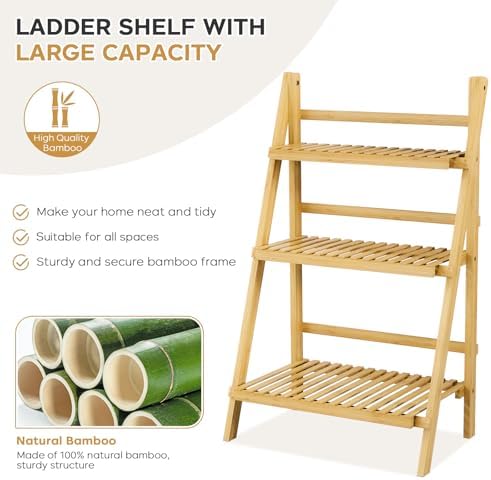 Foldable Ladder Shelf 39.4", Plant Shelf 3 Tier, Bamboo Ladder Bookshelf