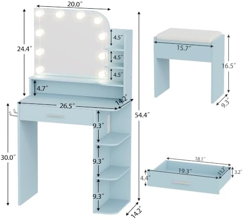 Small Vanity Desk with Mirror and Lights, 26.4" W Girls Vanity Set with ...