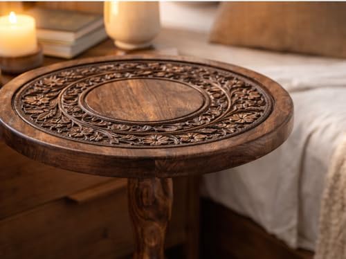 Rustic Wooden End Table 12x22 - Handcrafted Carved Side Table, Burnt Finish B...