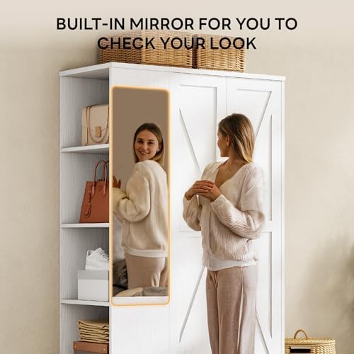 LIKIMIO Armoire Wardrobe Closet 70 Inches, Large Storage with Mirror, 2 Doors...