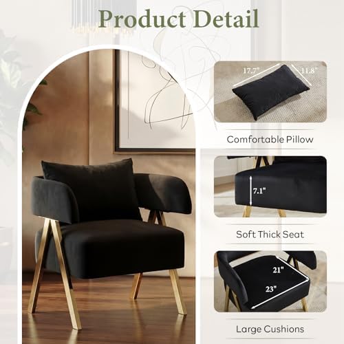 Modern Black Gold Velvet Accent Chairs Set 2, Barrel Armchairs Living Room