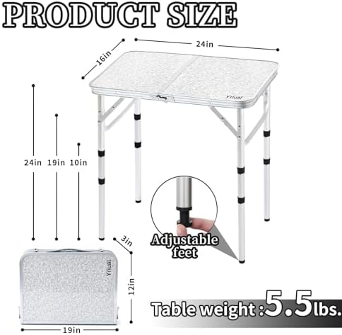 Folding Camping Table, Adjustable Height Portable Picnic Table, 24"x 16&...