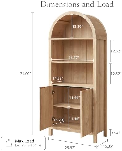 Arched Cabinet Bookshelf Bookcase - 71” Tall Mid Century Arched Display Cabin...