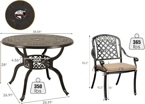 5-Piece Cast Aluminum Outdoor Patio Dining Set, All Weather Cast Aluminum Out...
