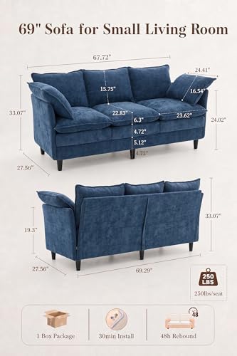 KYJ 69” Small Sofa, Cloud 3-Seat Love Seat, Small Couch for Living Room | 3 L...