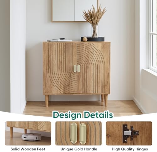 Smuxee Oak Sideboard Cabinet, Freestanding Buffet Cabinet with Line Groove De...