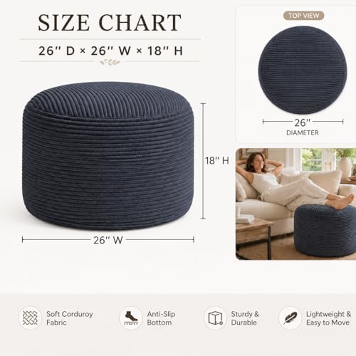 Round Stuffed Pouf Ottoman, Foot Stool Ottoman,Corduroy Poufs with Foam Chunk...