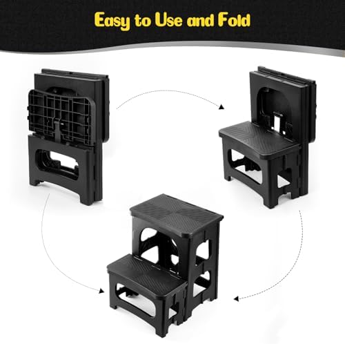 2 Step Stool Foldable for Adults, Plastic Folding Step Stool, Black