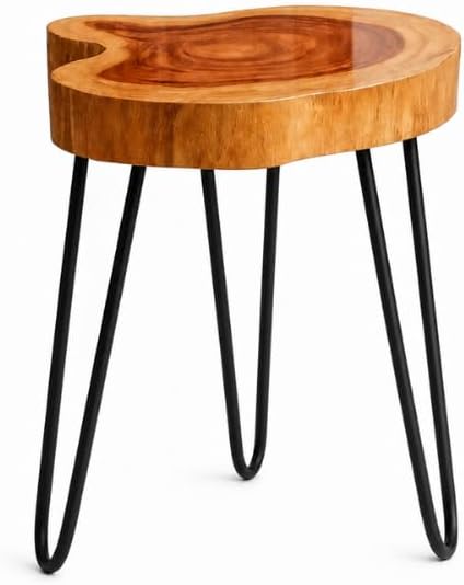 Live Edge Round Wood End Table – Solid Wood Side Table with Mid-Century Hairp...