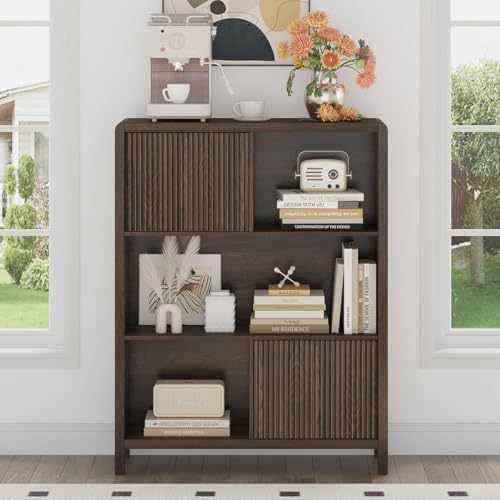 FATORRI Bookshelf with 2 Fluted Wooden Doors, Farmhouse Modern Accent Bookcas...
