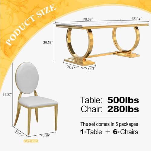 70" Marble Dining Table Set for 6 Gold Base with Kitchen Chairs | Faux M...