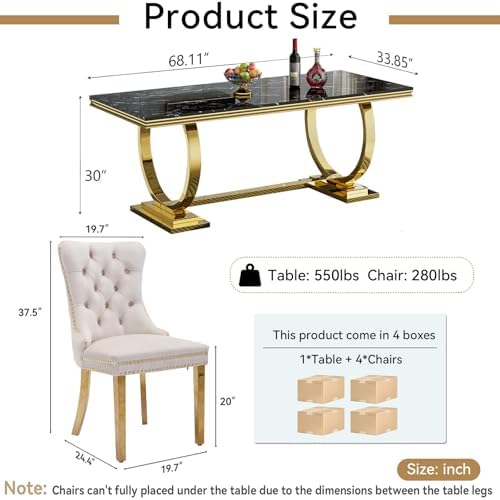 5 Pcs Dining Table Set, Kitchen and Dining Room Table Set for 4, 68" Rec...