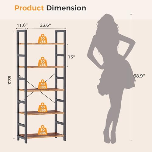 DUMOS 5-Tier Bookshelf, Modern Tall Bookcase Book Shelf Storage Organizer