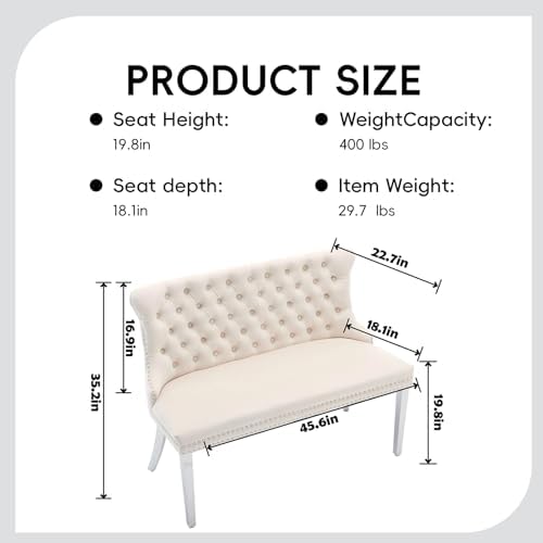 Beige Velvet Dining Bench, Tufted Upholstered Dining Loveseat | Wing Back Sea...