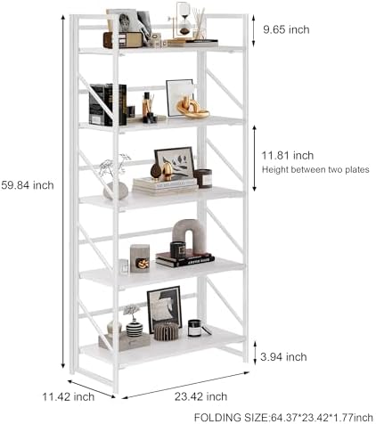 JSB No Assembly Folding Bookshelf, 5 Tier Industrial Metal Book Shelf for Sto...