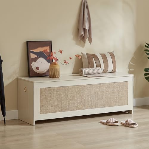 51.2" Storage Chest Large,Wooden Rattan Storage Bench.(White Cream) | St...