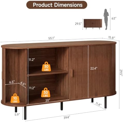 ComfyCorner 55" Fluted Buffet Sideboard Cabinet with Sliding Door, Walnut