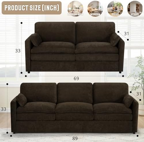 Comfy Chenille Sofa Set with Well-Filled Pillows, Brown | Modern 3 Seater &am...