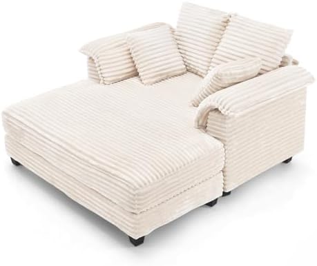 VINGLI 56" Oversized Chaise Lounge Chair, Beige Comfy Corduroy Chaise So...