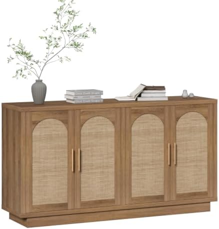 HOKYHOKY 59" Rattan Sideboard Buffet Cabinet with Storage, 4 Arched Doors