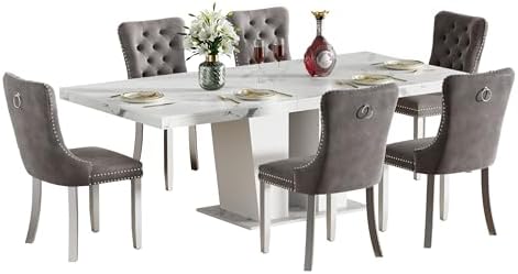 Henf 7 Pieces Faux Marble Dining Table Set for 6, 63"-79" Extendabl...