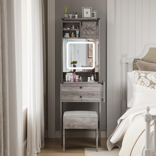 ARTETHYS Farmhouse Small Vanity Desk with Mirror Cabinet & Storage Chair