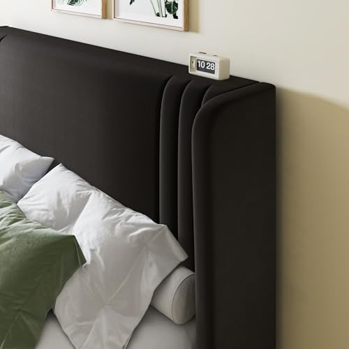 Allewie Queen Size Velvet Platform Bed Frame, Tall Wingback Headboard, Black