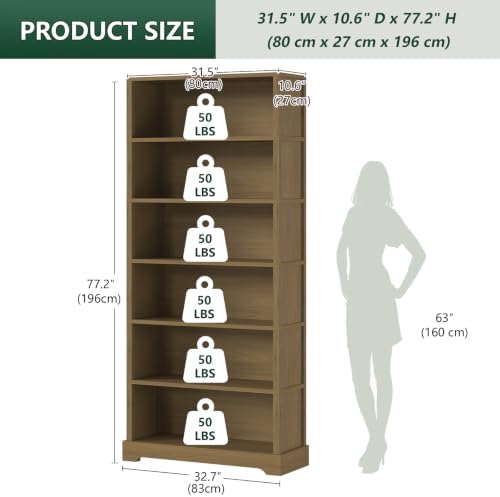 TVU 6 Tiers Wooden Bookshelf, 77.2" Tall Farmhouse Style Open Bookcase, ...