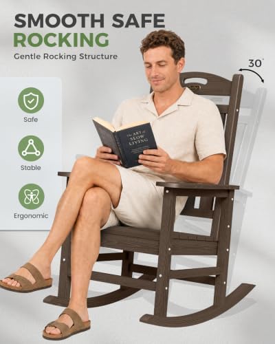 Outdoor Rocking Chair, HDPE Patio Rocking Chair, All Weather,Brown | Relax in...