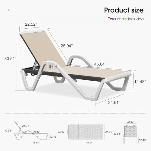 PURPLE LEAF Lounge Chair Outdoor Set of 2 w/Armrest & 1 Table, Khaki | Ea...