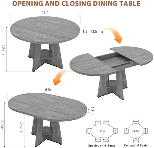 Extendable Dining Table, Round Kitchen Dining Room Dinner Table with for 4 6 ...