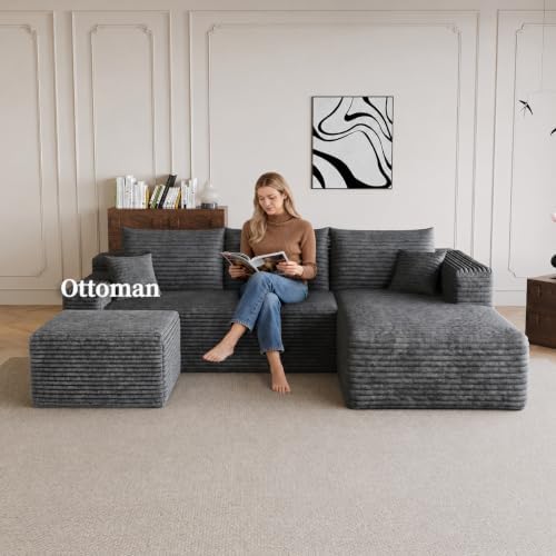 25.6" Corduroy Ottoman for Living Room,Plush Upholstered Ottoman for Cou...