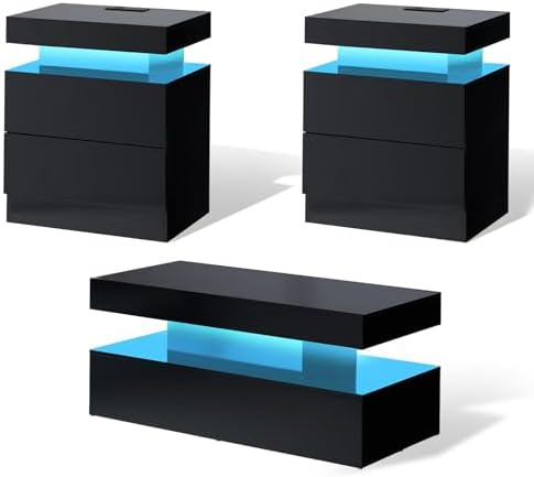 AMERLIFE 3-Piece High Gloss Coffee Table Set with LED Lights