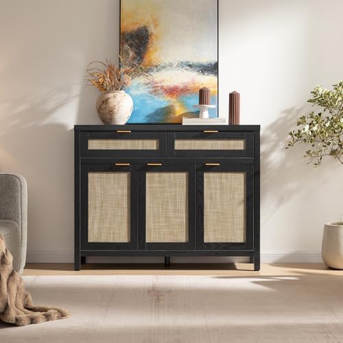 SICOTAS Rattan Sideboard Buffet Cabinet with Storage, Boho Credenza Accent