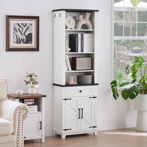 Joaxswe 72in Tall Bookshelf 7 Tier Bookcase with Drawer and Barn Doors and Ad...