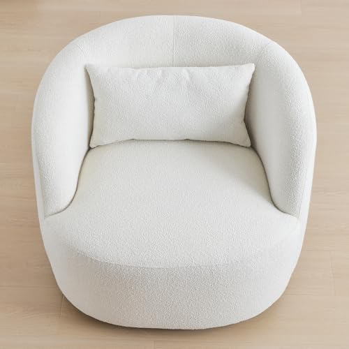 KINWELL 34" W Sherpa Swivel Barrel Accent Chair with Pillow, Cream