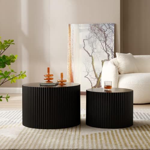 WILLIAMSPACE Black Round Nesting Coffee Table Set of 2, Modern Wooden Center ...