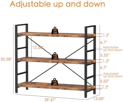 Bookshelf 3 Tier Bookcase Home Office Bookshelves with Height-Adjustable Wood...