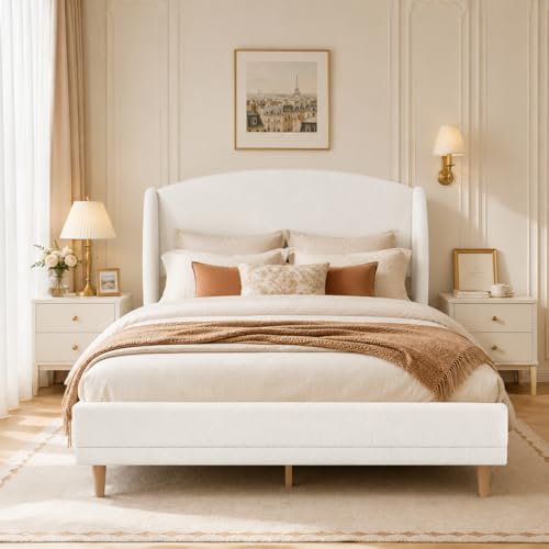 Merax Queen Size Soft Boucle Upholstered Platform Bed, Luxury Wingback Headbo...