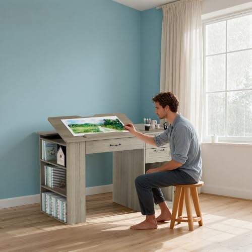 Drafting Table with Storage Cabinet & Drawers, Adjustable Drawing Desk wi...