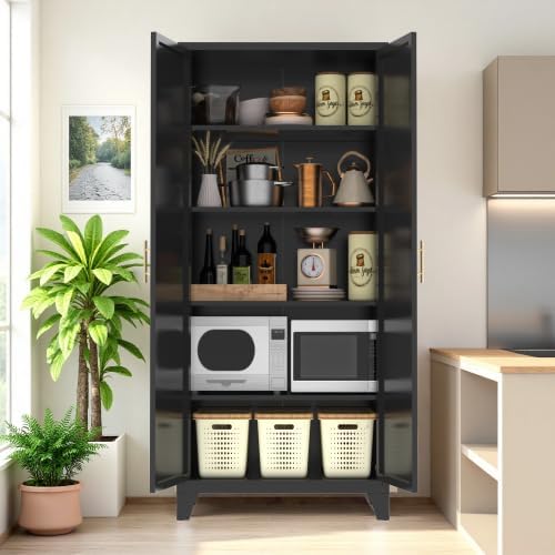 5-Tier Metal Pantry Cabinet, 71" Tall Storage Cabinet with Arched Doors ...