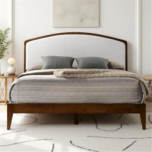 Pemberly Row Queen Platform Bed, Solid Wood Frame, Walnut Finish, Cream White...